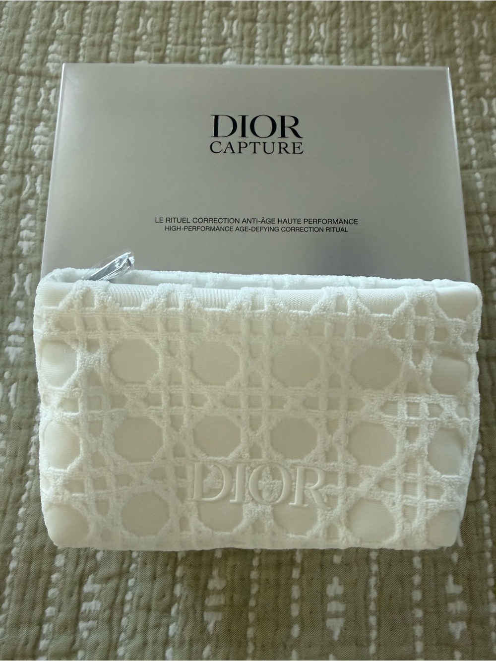 Dior White Embossed Logo Quilted Pouch